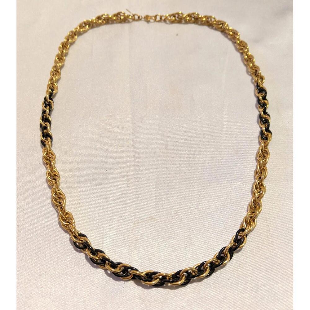 VTG Monet Alternating Gold Tone & Black Enamel Rope Chain Necklace Signed 18"